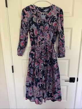 Talbots Navy Paisley Button Midi Dress with Pink & Lavender with pockets